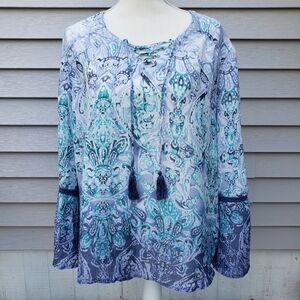 St. John's Bay Blue Boho Tassel Blouse Paisley Print Peasant Bell Sleeves Large